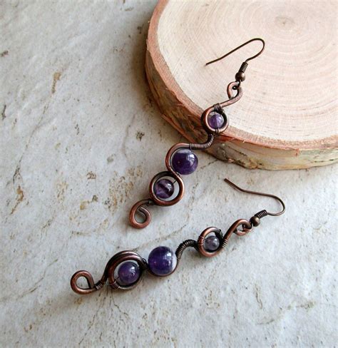 Purple Dangle Earrings Amethyst Wire Wrap Earrings Etsy