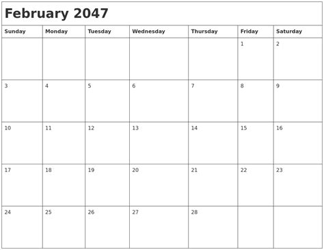 February 2047 Month Calendar