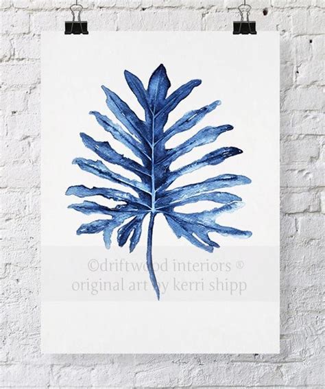 Tropical Leaf Ii Watercolor Print In Denim Blue 11x14 Watercolor Art
