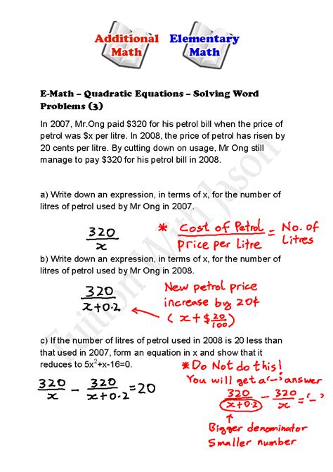 Quadratic Word Problems Worksheet