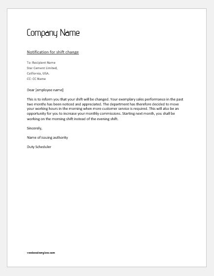 Business address change letter sample and notifying clients the ins will remain the same. Notification Letter to Employee for Shift Change | Word ...