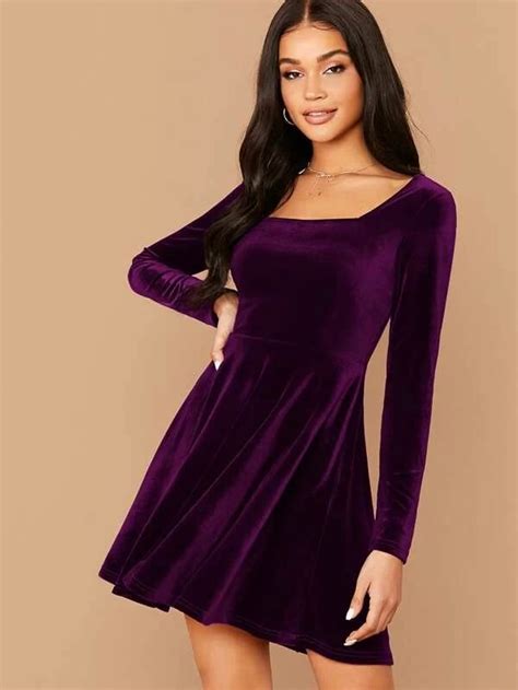 Square Neck Fit And Flare Velvet Dress Shein Usa In 2020 Velvet Dress Short Velvet Dress
