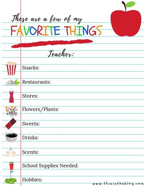 Teachers Favorite Things List Printable