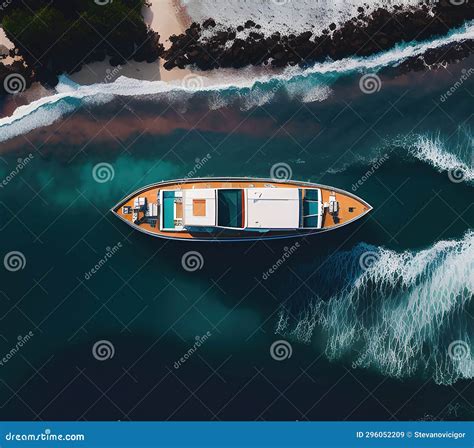 Top View Aerial Shot Of Yacht At Ocean Coastline Generative Ai Stock