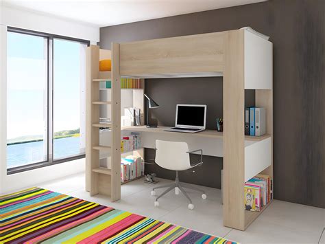 Cama alta escritorio y estantería integrados blanco NOAH