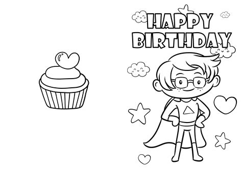 Printable Happy Birthday Coloring Card Boy Superhero Etsy