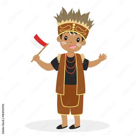 Boy Wearing Papua Traditional Dress And Holding Indonesian Flag