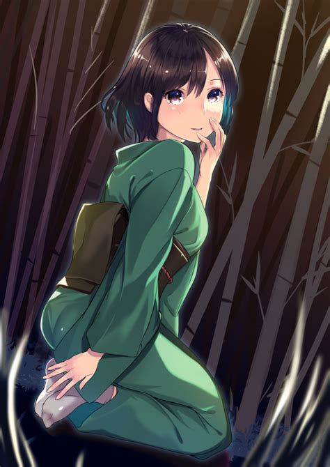 Safebooru 1girl Bamboo Bamboo Forest Brown Hair Brown Sash Fingernails Forest From Side Full
