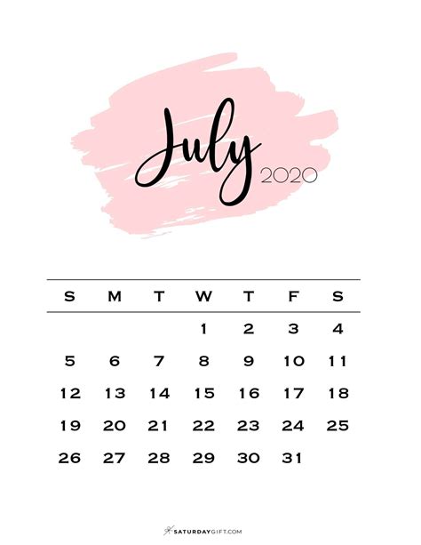 Cute And Free Printable July 2020 Calendar Saturdayt