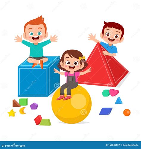 Happy Cute Kids Play Learn 3d Geometry Stock Vector Illustration Of