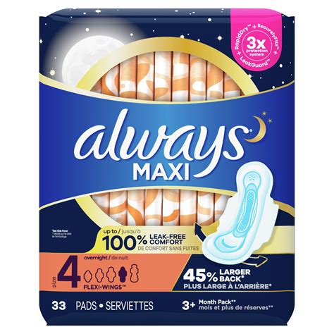 always maxi overnight pads with wings unscented size 4 33 count