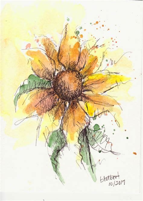 Sunflower Original Watercolor Art Painting Pen And Ink