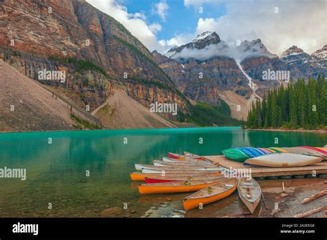 Canoes On Moraine Lake Banff National Park Canadian Rocky Montains