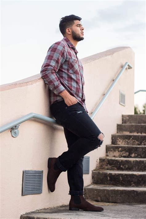 Want to add soft textures to your outfit? Men's fall fashion outfit idea. Red and grey flannel ...