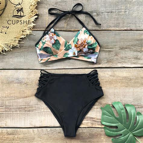 Cupshe Pink Floral Halter Bikini Sets With Strappy Black Bottom 2019