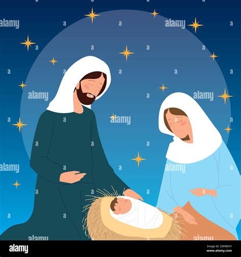 Nativity Mary Joseph Baby Jesus Manger Charcacters Vector Illustration
