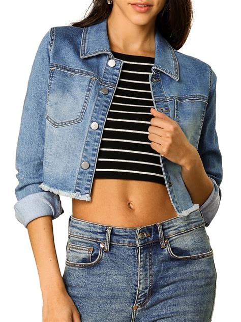 Unique Bargains Womens Jean Jacket Frayed Button Up Washed Cropped