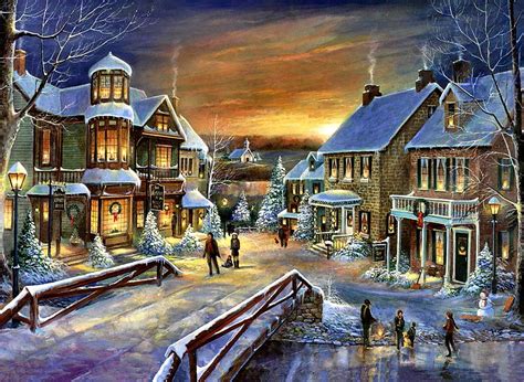 Holiday Village Christmas Painting December Scenery Snow Winter