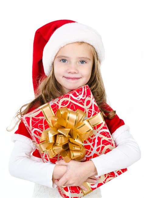 Smiling Cute Little Girl With Christmas T Box Stock Image Image Of