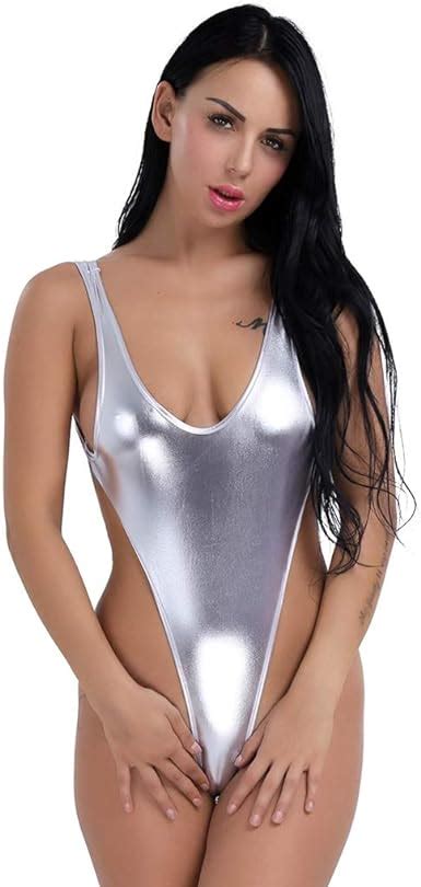 Chictry Womens Shiny Metallic Swimsuit Bodysuit Teddy Thong Lingerie Leotard