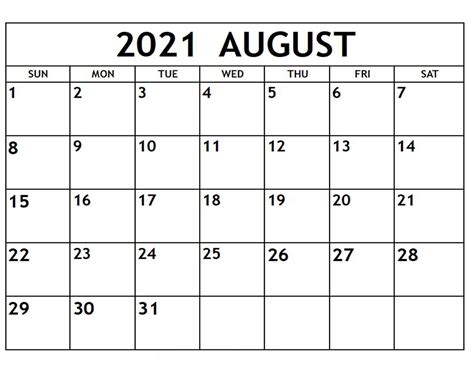 Printable August Calendar 2021 Zudocalendrio