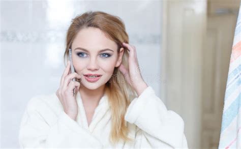 Blonde Woman Calling In Bathroom Stock Image Image Of Beauty Face