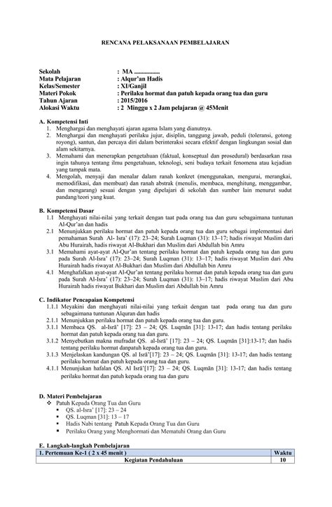 RPP MA Quran Hadits Kelas XI | PDF
