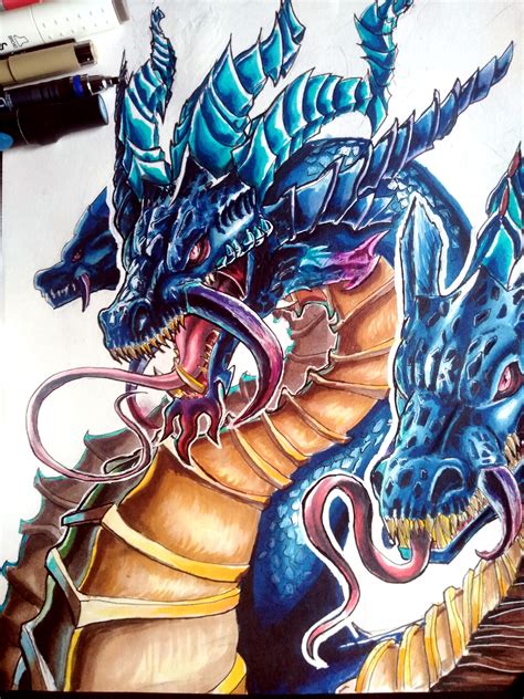 A Detailed Drawing Of A Three Headed Dragon Rdrawing