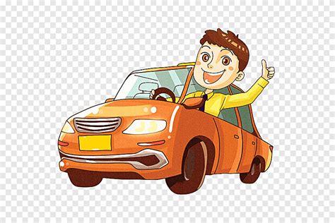 Man Driving Orange Sedan Cartoon Driving Driving Boy Compact Car