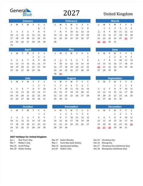 2027 United Kingdom Calendar With Holidays
