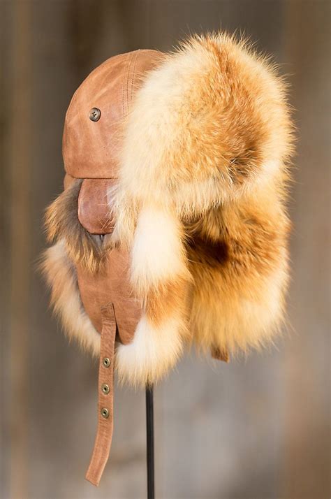 Lambskin Leather Trapper Hat With Red Fox Fur Trim Fur Accessories