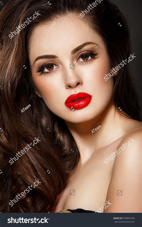 Red Lips Beauty Makeup Woman With Brunette Hair Beautiful