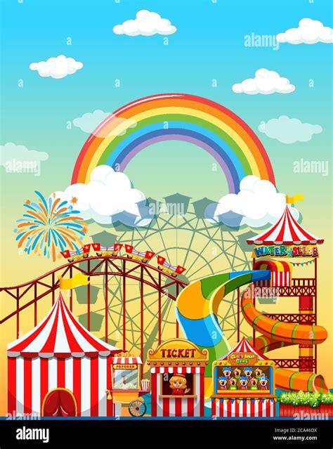 Amusement Park Scene At Daytime With Rainbow In The Sky Illustration