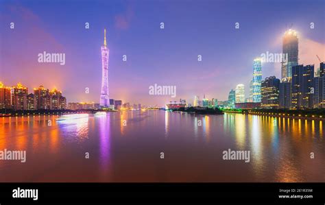 Guangzhou China Skyline On The Pearl River At Dusk Stock Photo Alamy