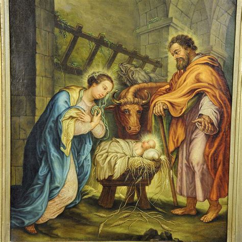 Antique Oil Painting Joseph Maria And Jesus In The Barn Of Bethlehem