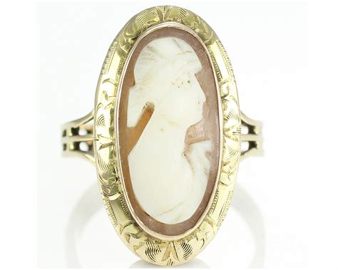 Antique 10k Shell Cameo Ring Art Deco Hand Carved Lady Cameo In