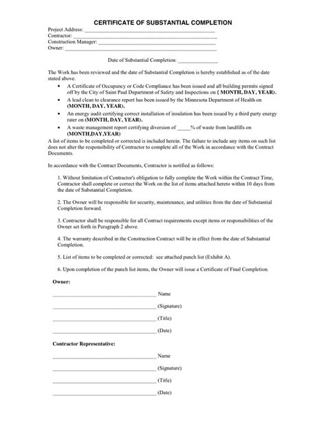 Certificate Of Substantial Completion In Word And Pdf Formats