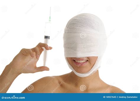 woman with her head in bandages holding syringe stock image image of healthcare headshot