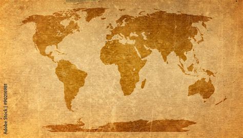 Fototapeta World Map On Old Paper Texture Brown Paper Sheet