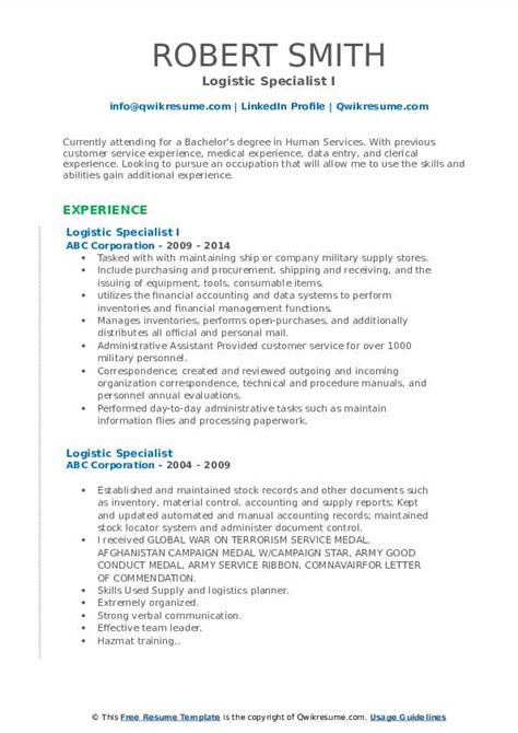 Logistic Specialist Resume Samples Qwikresume