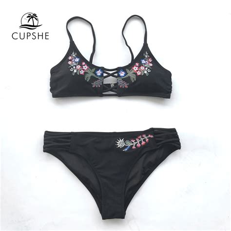 Cupshe Black Flora Embroidery Bikini Set Women Laceup Cut Out Strappy Two Pieces Swimwear 2018