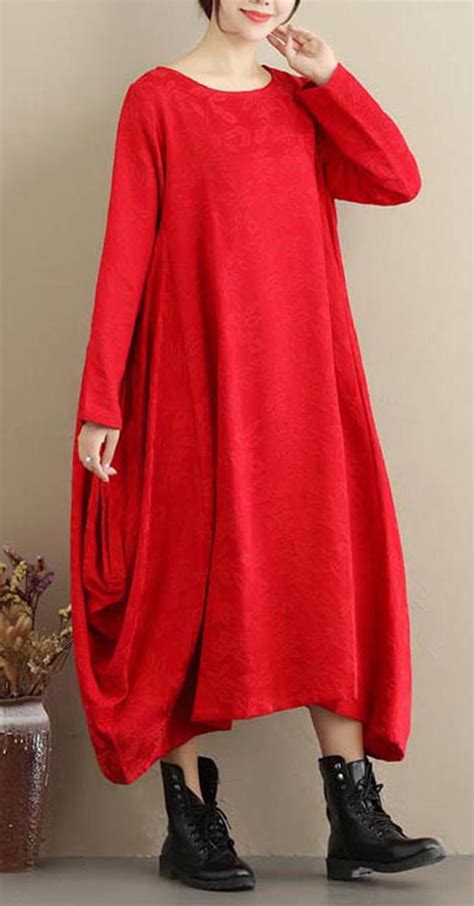 Diy Red Jacquard Tunics O Neck Asymmetric Maxi Spring Dresses Spring