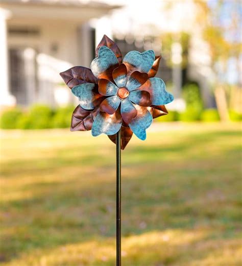 Large Metal Wind Spinner With 3 Spinning Flowers Butterflies Windmill