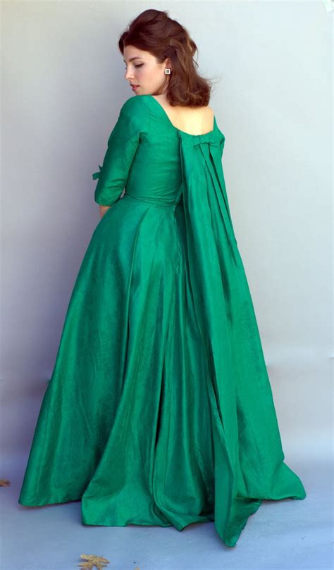 Vintage 1960s Dress Marie Antoinette Kelly Green Silk Ball Gown