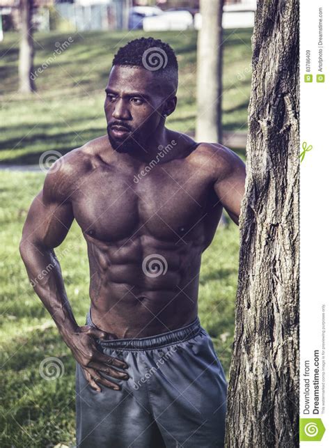 Muscular Shirtless Black Man In Park Stock Image Image