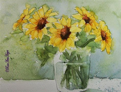 Watercolor Paintings by RoseAnn Hayes: Sunflowers in Glass