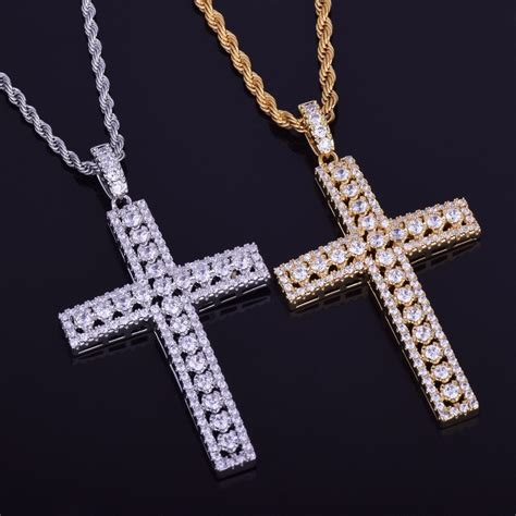 Mens 14k Gold Ultra Ice Silver Hip Hop Lab Diamond Cross Pendant Chain