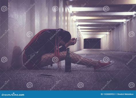 Depressed Sad Homeless Woman Suffering From Malnutrition Royalty Free