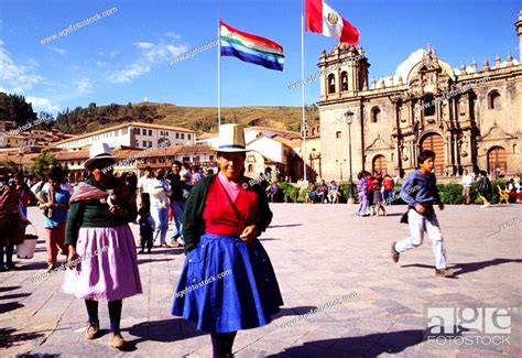 Large Group Of People Walking In Front Of Building Cuzco Peru South
