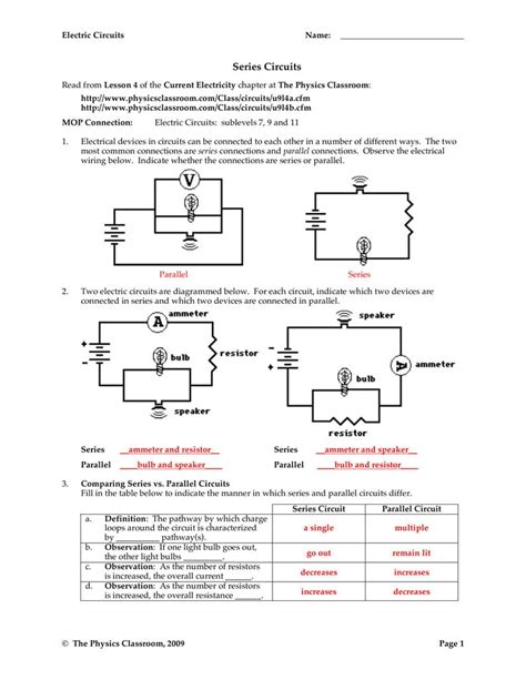 Parallel Circuits Worksheet